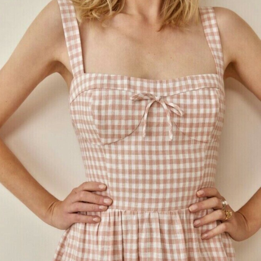 NWT - Reformation MAEGAN Linen Dress BLUSH CHECK - size 6